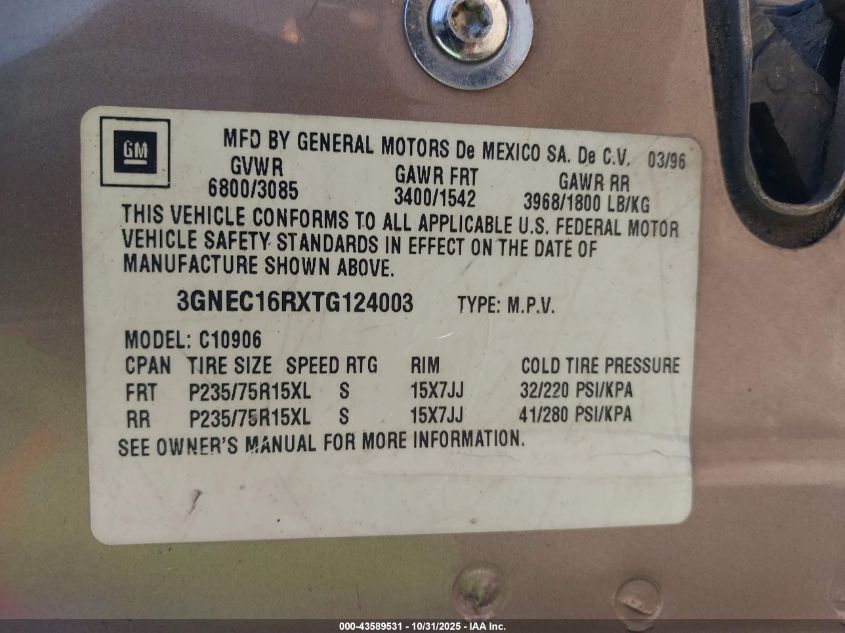 1996 Chevrolet Suburban C1500 VIN: 3GNEC16RXTG124003 Lot: 43589531