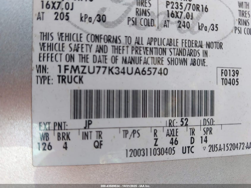 2004 Ford Explorer Sport Trac VIN: 1FMZU77K34UA65740 Lot: 43589534