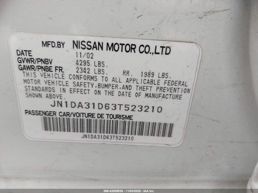 2003 Nissan Maxima Se VIN: JN1DA31D63T523210 Lot: 43589536