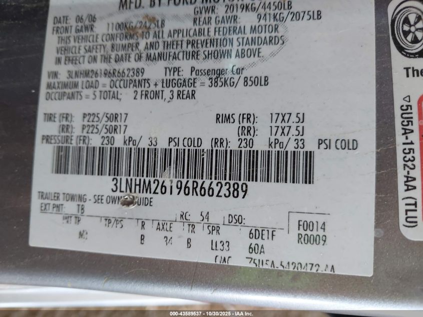 3LNHM26196R662389 2006 LINCOLN ZEPHYR photo no. 9