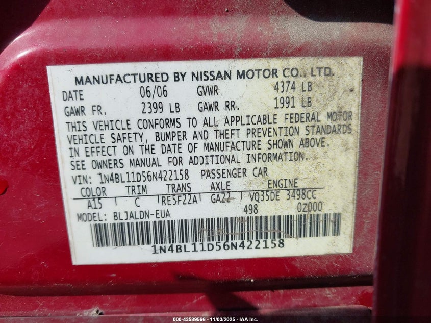 1N4BL11D56N422158 2006 NISSAN ALTIMA photo no. 9