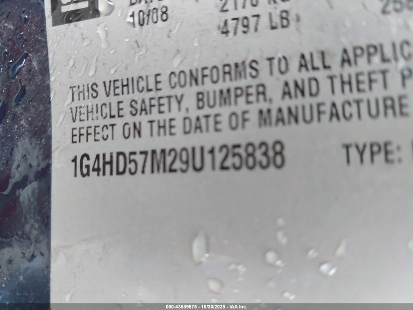 2009 Buick Lucerne Cxl VIN: 1G4HD57M29U125838 Lot: 43589575