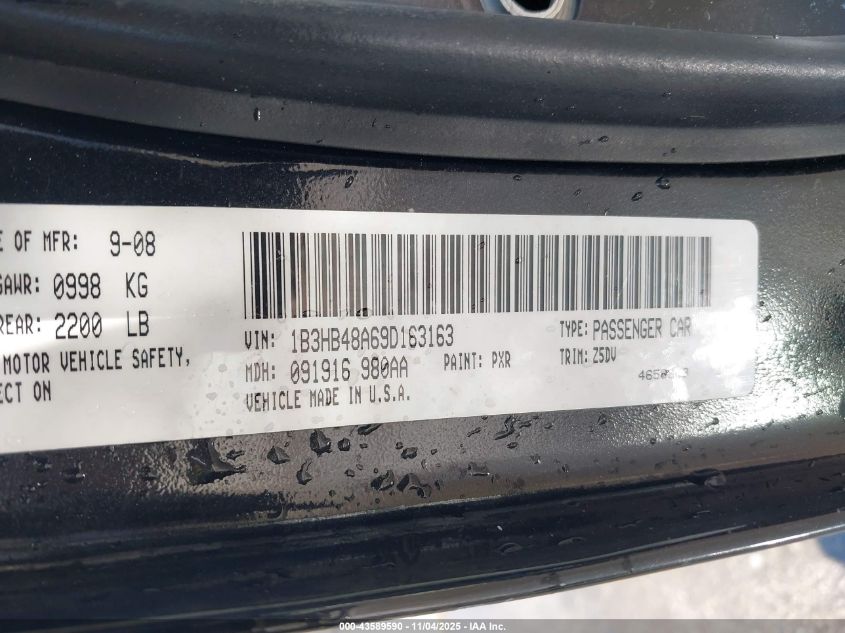 2009 Dodge Caliber Sxt VIN: 1B3HB48A69D163163 Lot: 43589590