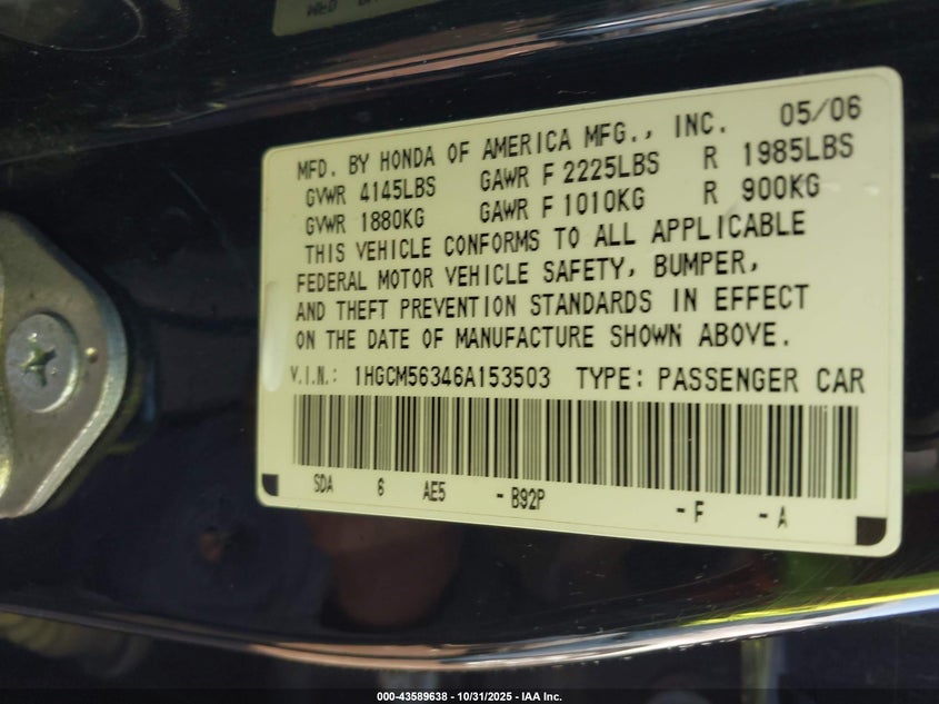1HGCM56346A153503 2006 HONDA ACCORD photo no. 9