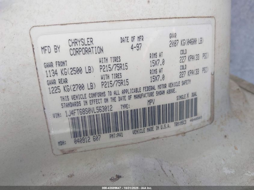 1997 Jeep Cherokee Sport VIN: 1J4FT68S0VL563012 Lot: 43589647