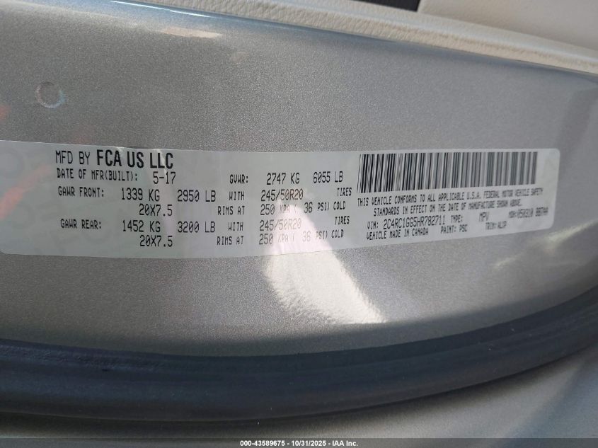 2017 Chrysler Pacifica Limited VIN: 2C4RC1GG5HR782711 Lot: 43589675