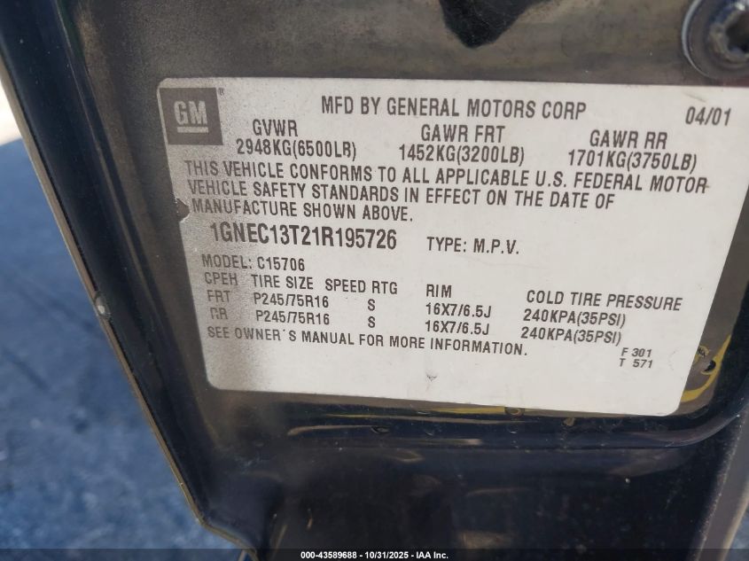 2001 Chevrolet Tahoe Ls VIN: 1GNEC13T21R195726 Lot: 43589688