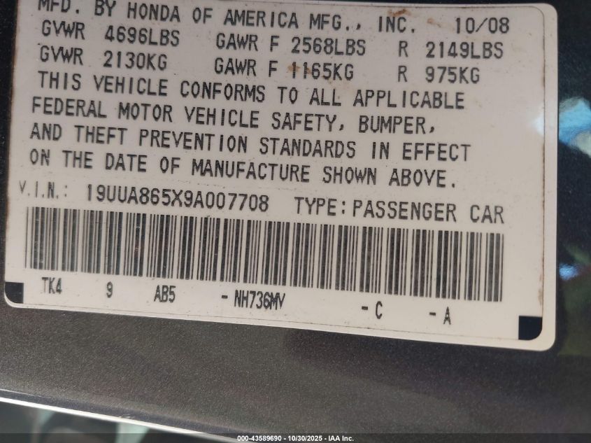 2009 Acura Tl 3.5 VIN: 19UUA865X9A007708 Lot: 43589690