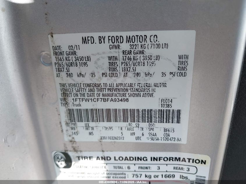 2011 Ford F-150 Xlt VIN: 1FTFW1CF7BFA93498 Lot: 43589696