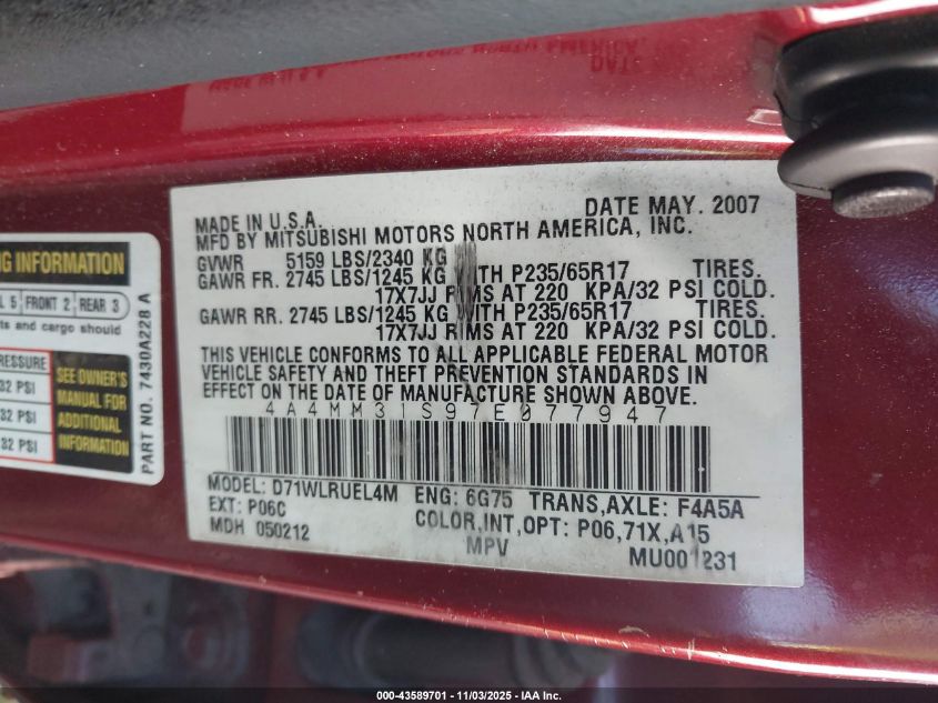 2007 Mitsubishi Endeavor Se VIN: 4A4MM31S97E077947 Lot: 43589701