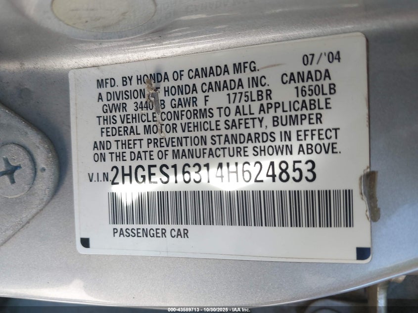 2HGES16314H624853 2004 HONDA CIVIC photo no. 9