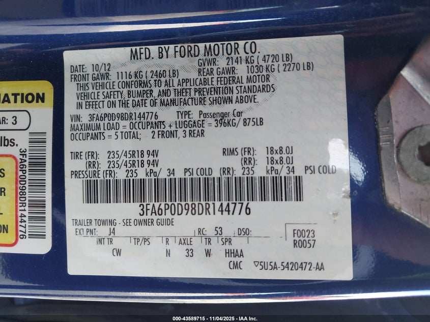 3FA6P0D98DR144776 2013 FORD FUSION photo no. 9