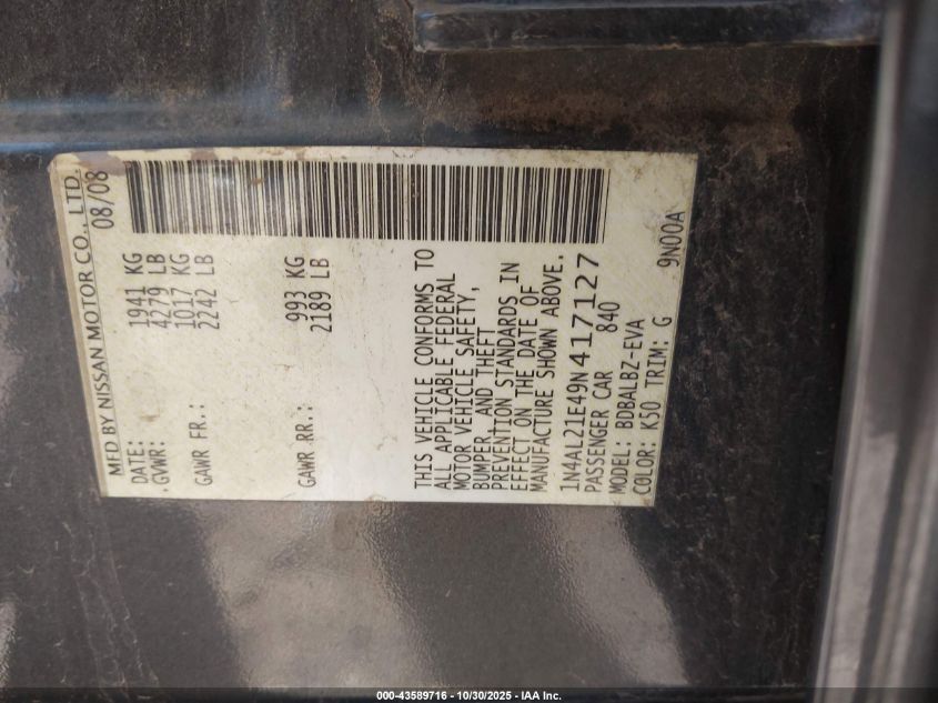 2009 Nissan Altima 2.5 S VIN: 1N4AL21E49N417127 Lot: 43589716