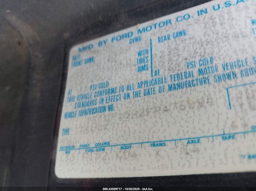 1985 Ford F150 VIN: 1FTCF15H2FPA76089 Lot: 43589717