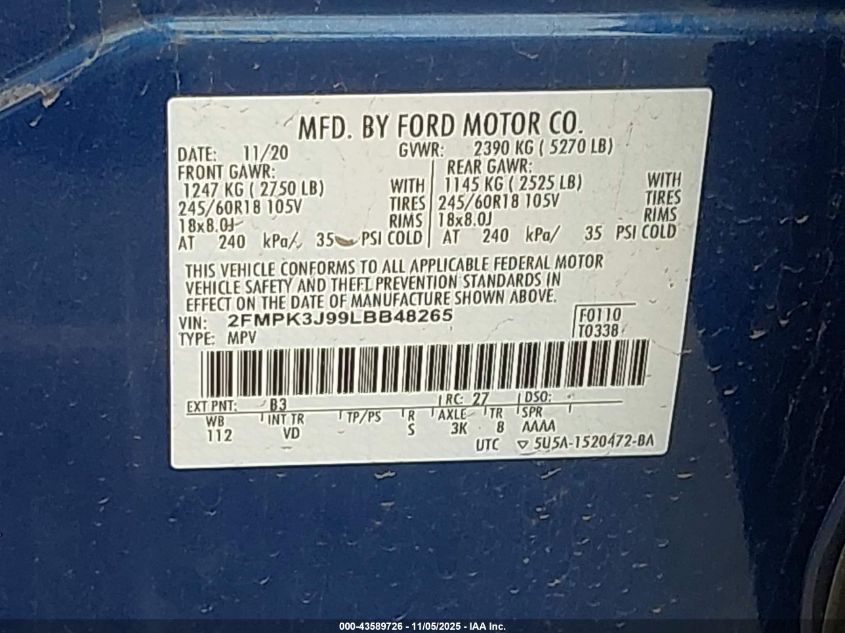 2020 Ford Edge Sel VIN: 2FMPK3J99LBB48265 Lot: 43589726