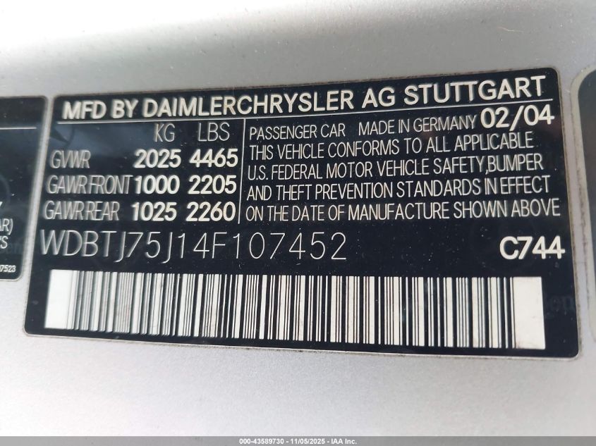 2004 Mercedes-Benz Clk 500 VIN: WDBTJ75J14F107452 Lot: 43589730