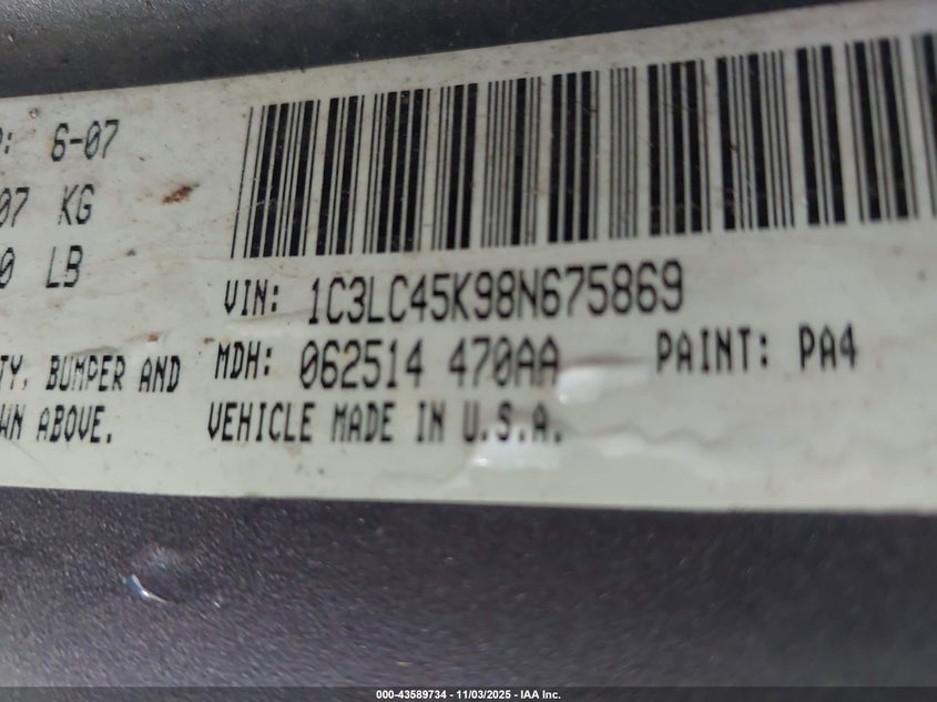 2008 Chrysler Sebring Lx VIN: 1C3LC45K98N675869 Lot: 43589734