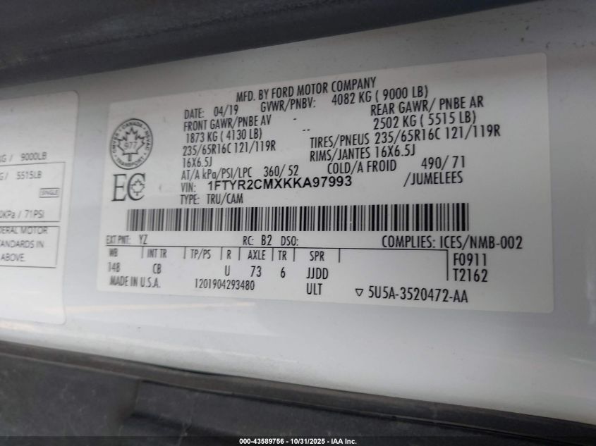 2019 Ford Transit-250 VIN: 1FTYR2CMXKKA97993 Lot: 43589756