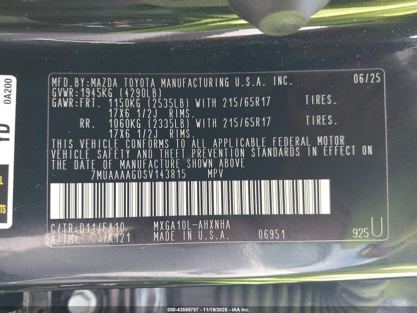 2025 Toyota Corolla Cross L VIN: 7MUAAAAG0SV143815 Lot: 43589757