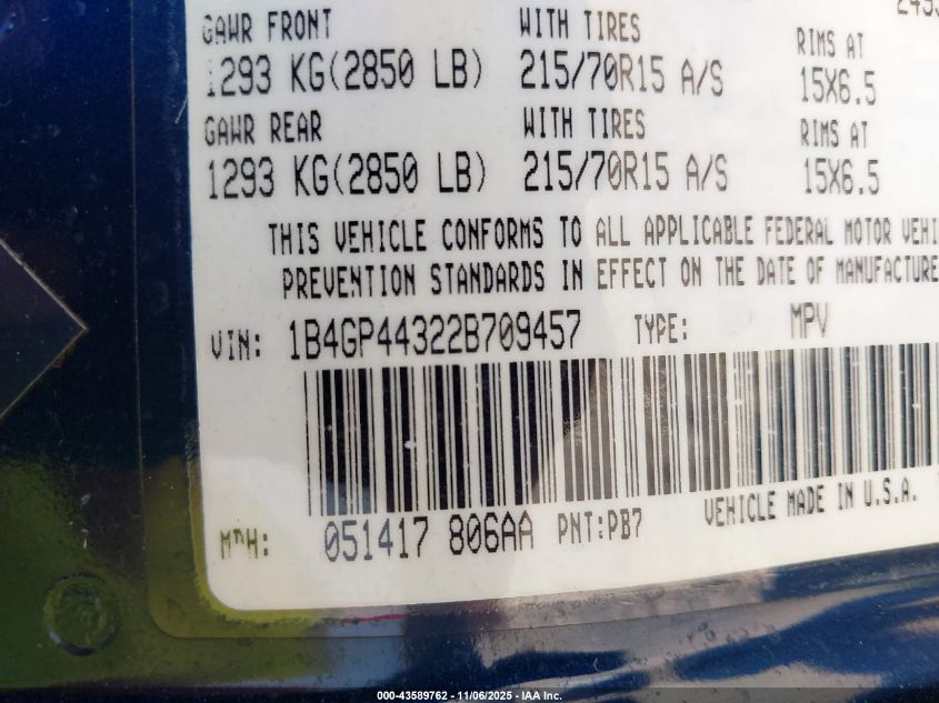 2002 Dodge Caravan Sport VIN: 1B4GP44322B709457 Lot: 43589762