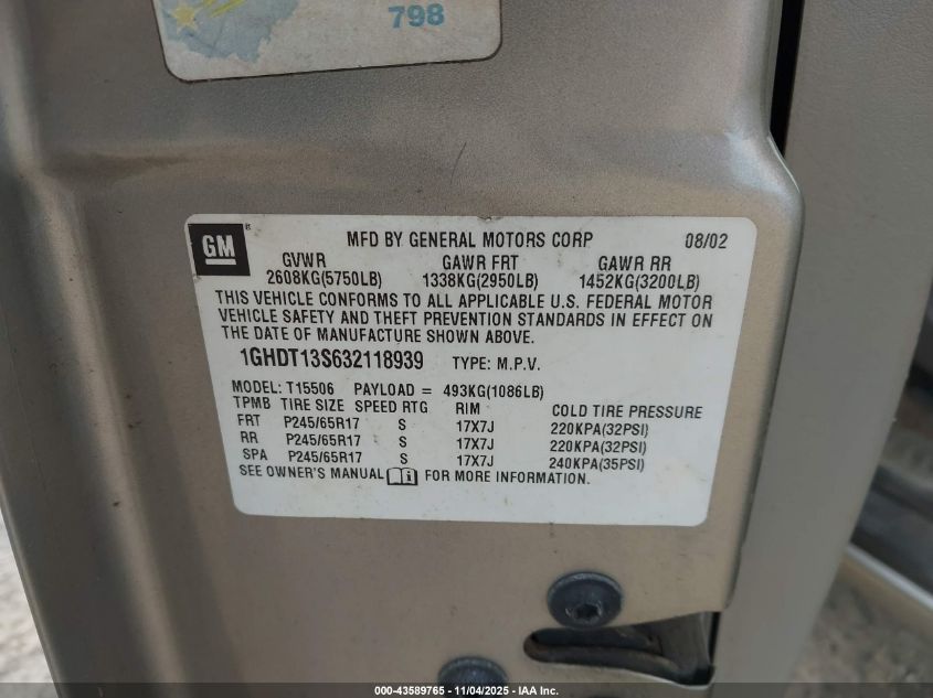 2003 Oldsmobile Bravada VIN: 1GHDT13S632118939 Lot: 43589765