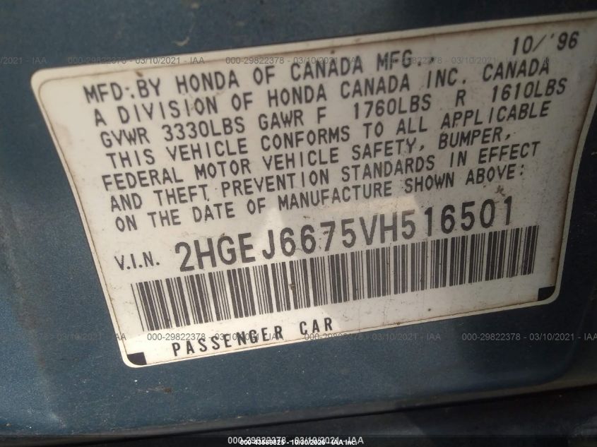 1997 Honda Civic Lx VIN: 2HGEJ6675VH516501 Lot: 43589825