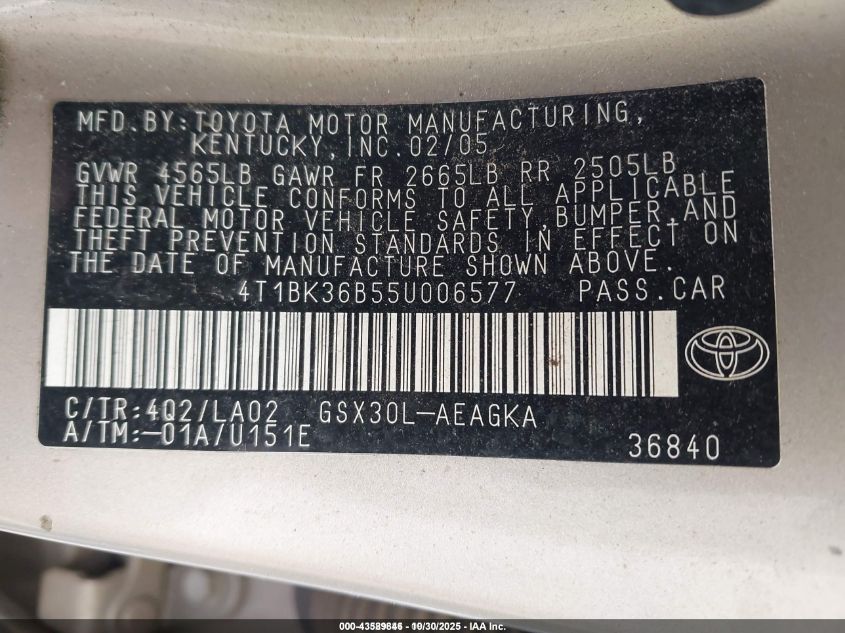 2005 Toyota Avalon Xls VIN: 4T1BK36B55U006577 Lot: 43589846