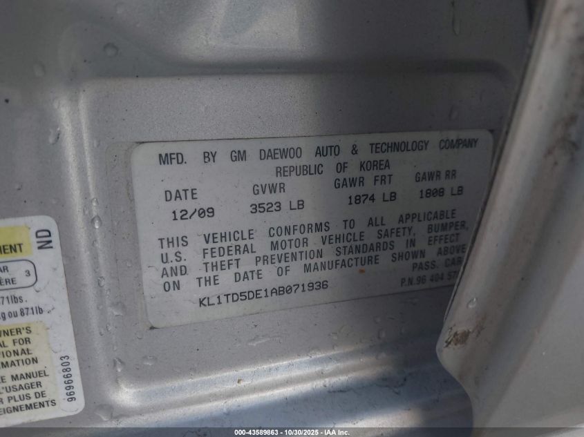 2010 Chevrolet Aveo Lt VIN: KL1TD5DE1AB071936 Lot: 43589863