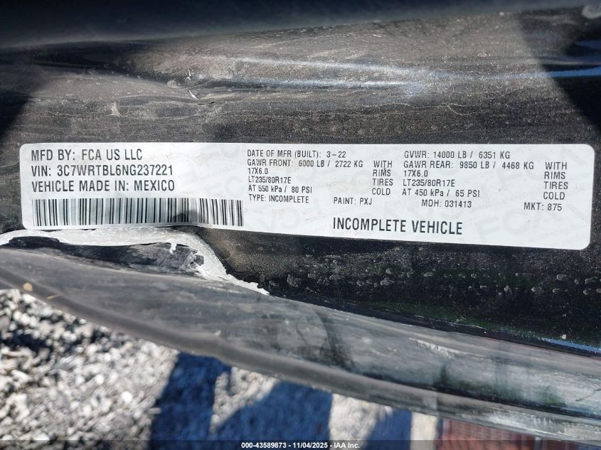 2022 Ram 3500 Chassis Tradesman/Slt VIN: 3C7WRTBL6NG237221 Lot: 43589873