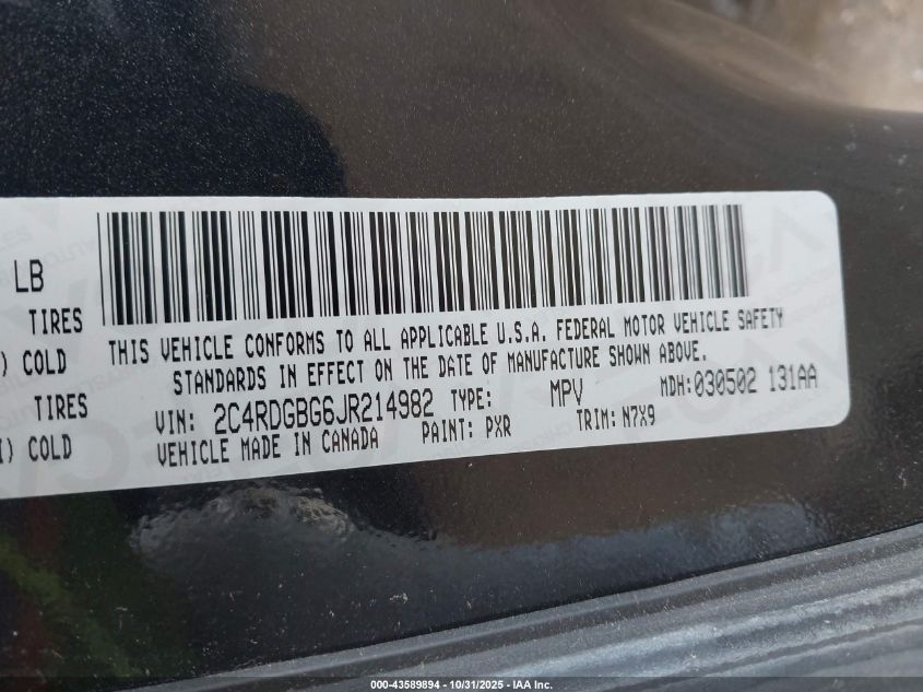 2018 Dodge Grand Caravan Se Plus VIN: 2C4RDGBG6JR214982 Lot: 43589894