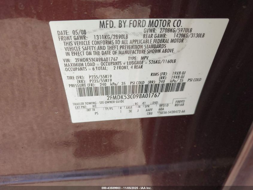 2009 Ford Flex Limited VIN: 2FMDK53C09BA01767 Lot: 43589903