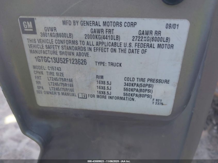 2002 GMC Sierra 2500Hd Sl VIN: 1GTHK23192F205488 Lot: 43589923