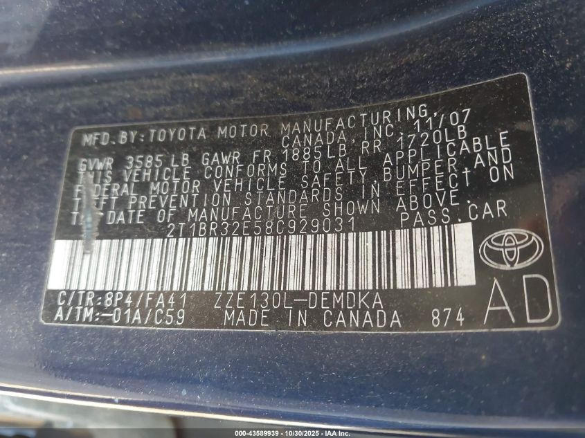 2008 Toyota Corolla Ce VIN: 2T1BR32E58C929031 Lot: 43589939