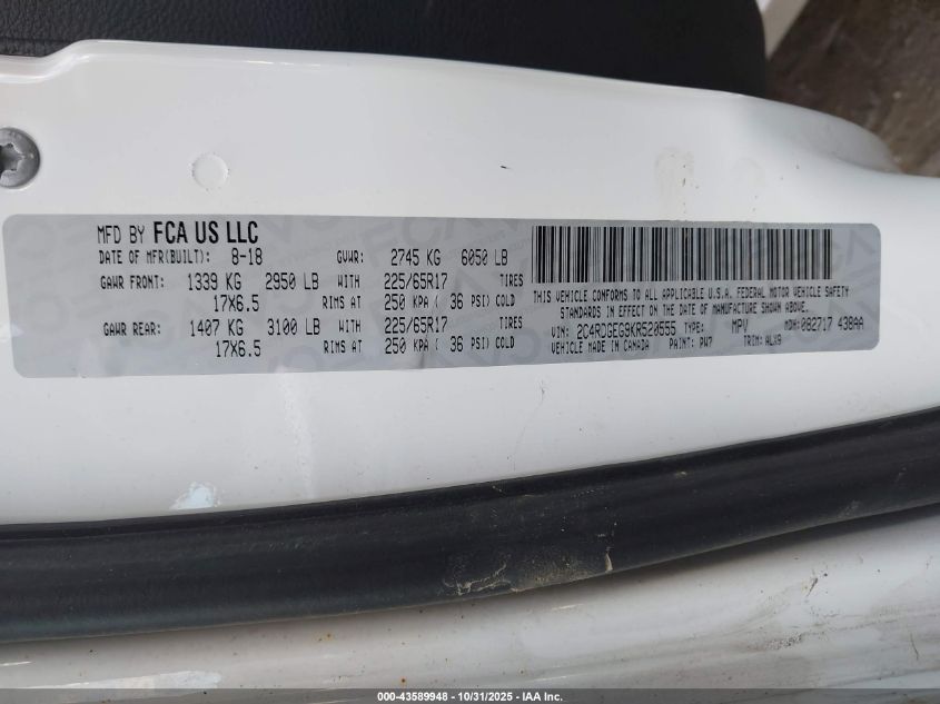 2019 Dodge Grand Caravan Gt VIN: 2C4RDGEG9KR520555 Lot: 43589948