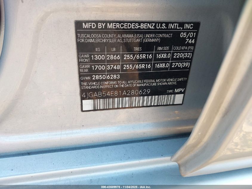 2001 Mercedes-Benz Ml 320 VIN: 4JGAB54E81A280629 Lot: 43589978