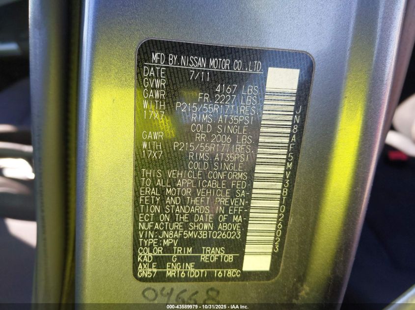 2011 Nissan Juke S/Sv/Sl VIN: JN8AF5MN3BT026023 Lot: 43589979