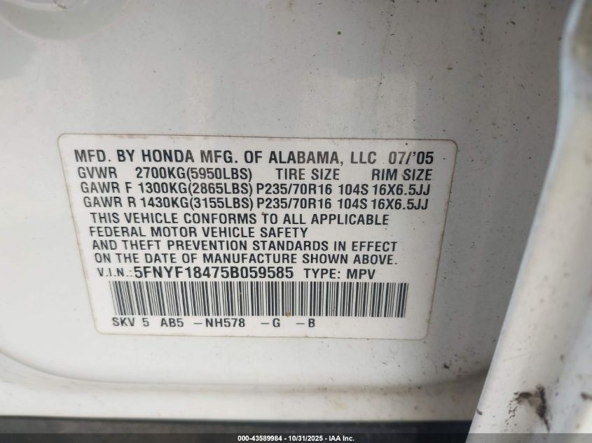 2005 Honda Pilot Ex VIN: 5FNYF18475B059585 Lot: 43589984