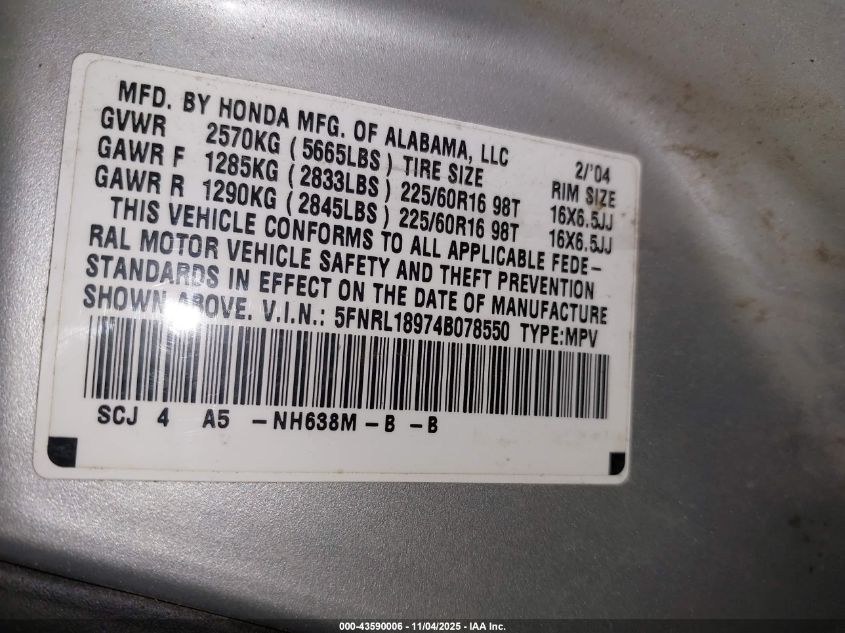 2004 Honda Odyssey Ex-L VIN: 5FNRL18974B078550 Lot: 43590006