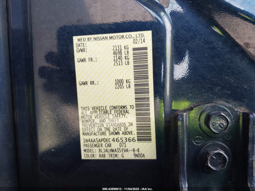 2014 Nissan Maxima 3.5 Sv VIN: 1N4AA5AP0EC465366 Lot: 43590012