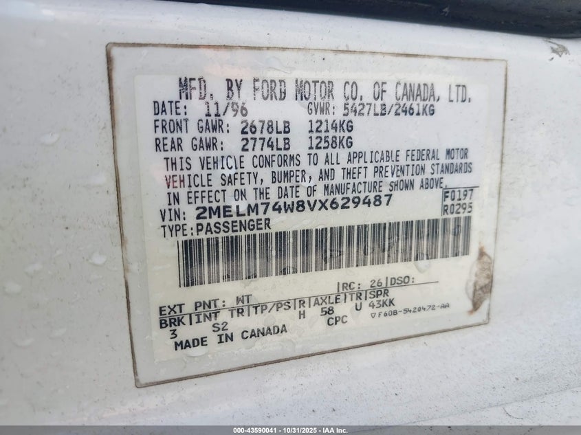 1997 Mercury Grand Marquis Gs VIN: 2MELM74W8VX629487 Lot: 43590041