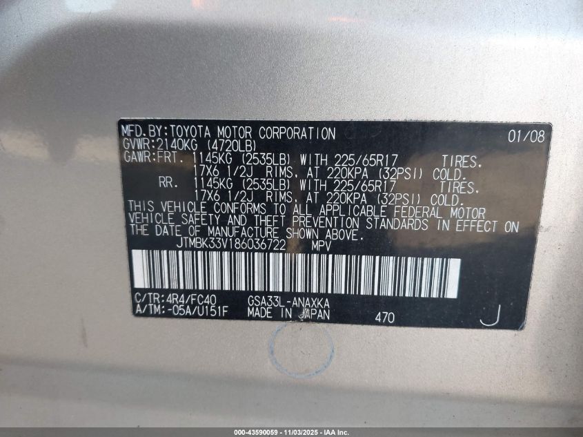 2008 Toyota Rav4 Base V6 VIN: JTMBK33V186036722 Lot: 43590059