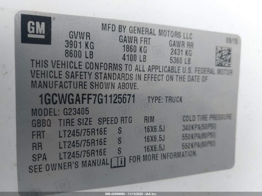 2016 Chevrolet Express 2500 Work Van VIN: 1GCWGAFF7G1125671 Lot: 43590060