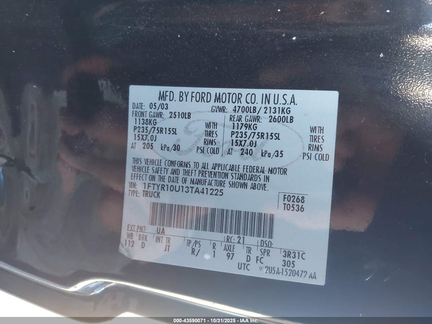 1FTYR10U13TA41225 2003 FORD RANGER photo no. 9