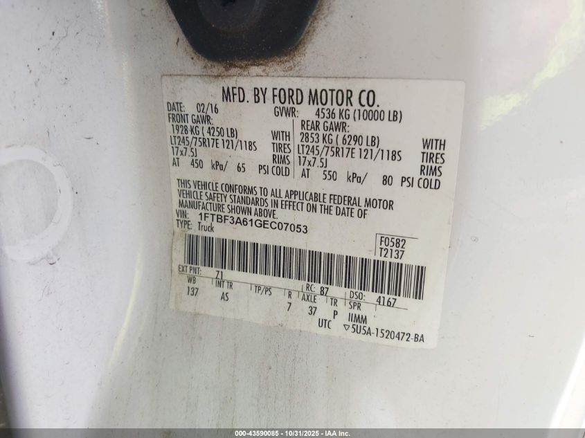 2016 Ford F-350 Xl VIN: 1FTBF3A61GEC07053 Lot: 43590085