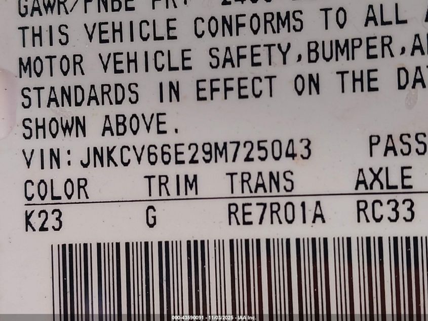 2009 Infiniti G37 VIN: JNKCV66E29M725043 Lot: 43590091