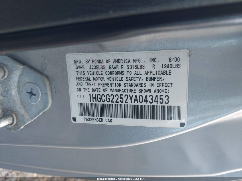 2000 Honda Accord 3.0 Ex VIN: 1HGCG2252YA043453 Lot: 43590104