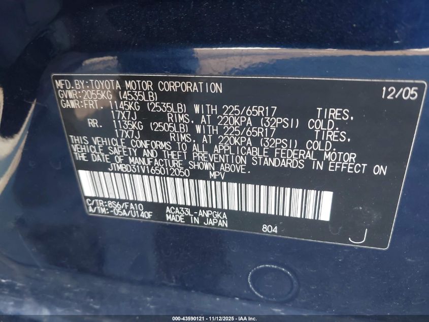 2006 Toyota Rav4 Limited VIN: JTMBD31V165012050 Lot: 43590121