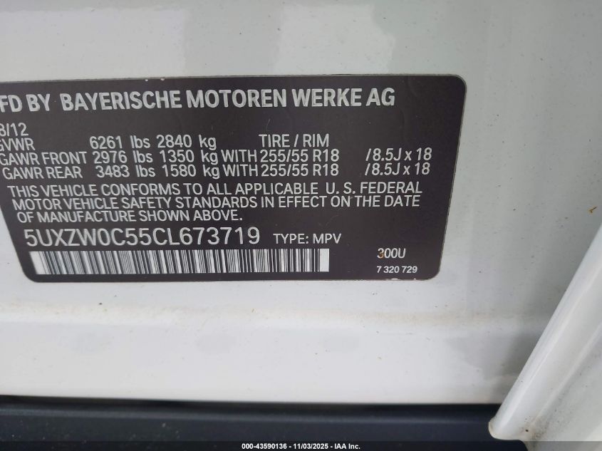 2012 BMW X5 xDrive35D VIN: 5UXZW0C55CL673719 Lot: 43590136