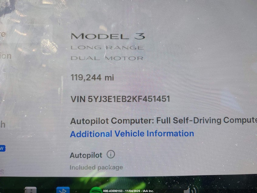2019 Tesla Model 3 Long Range/Performance VIN: 5YJ3E1EB2KF451451 Lot: 43590153