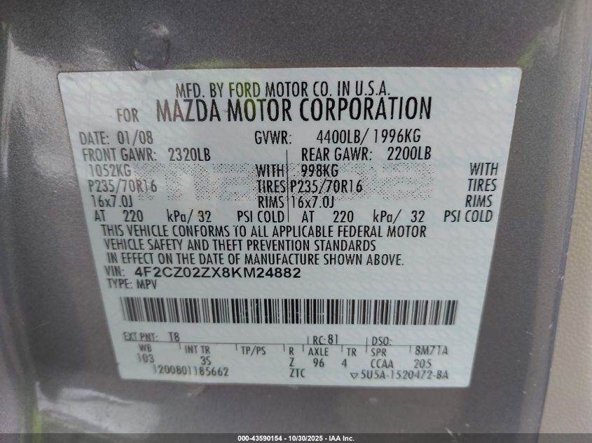 2008 Mazda Tribute I Touring VIN: 4F2CZ02ZX8KM24882 Lot: 43590154